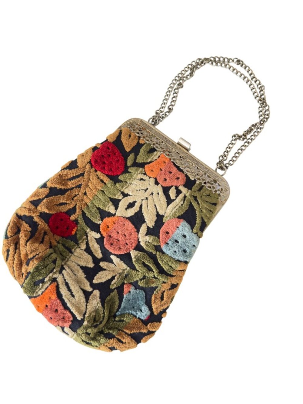 Chenille Carpet Tapestry Floral Handbag Chain Strap Vtg 60s Boho Metal Clasp